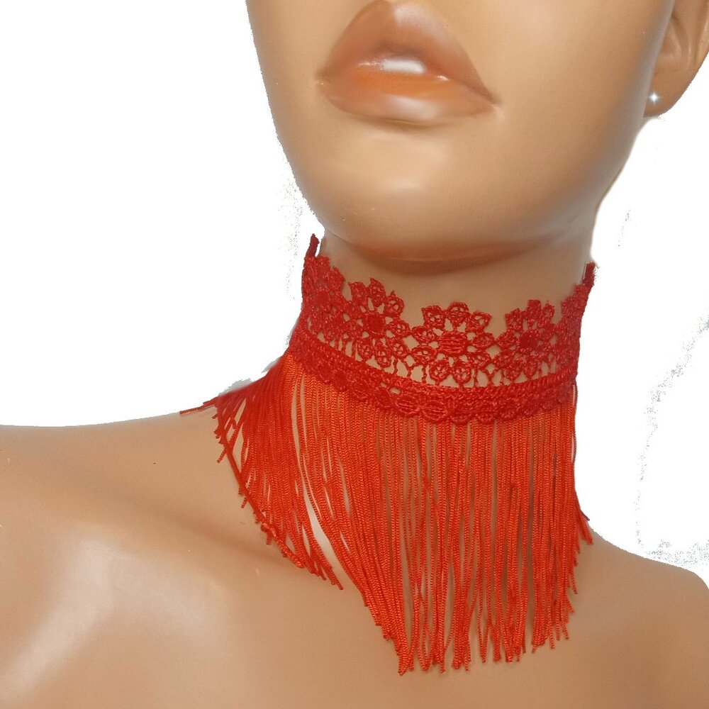 Red Tassel Choker, Red Lace Fringe Choker, Red Jewelry, Red Accessories,